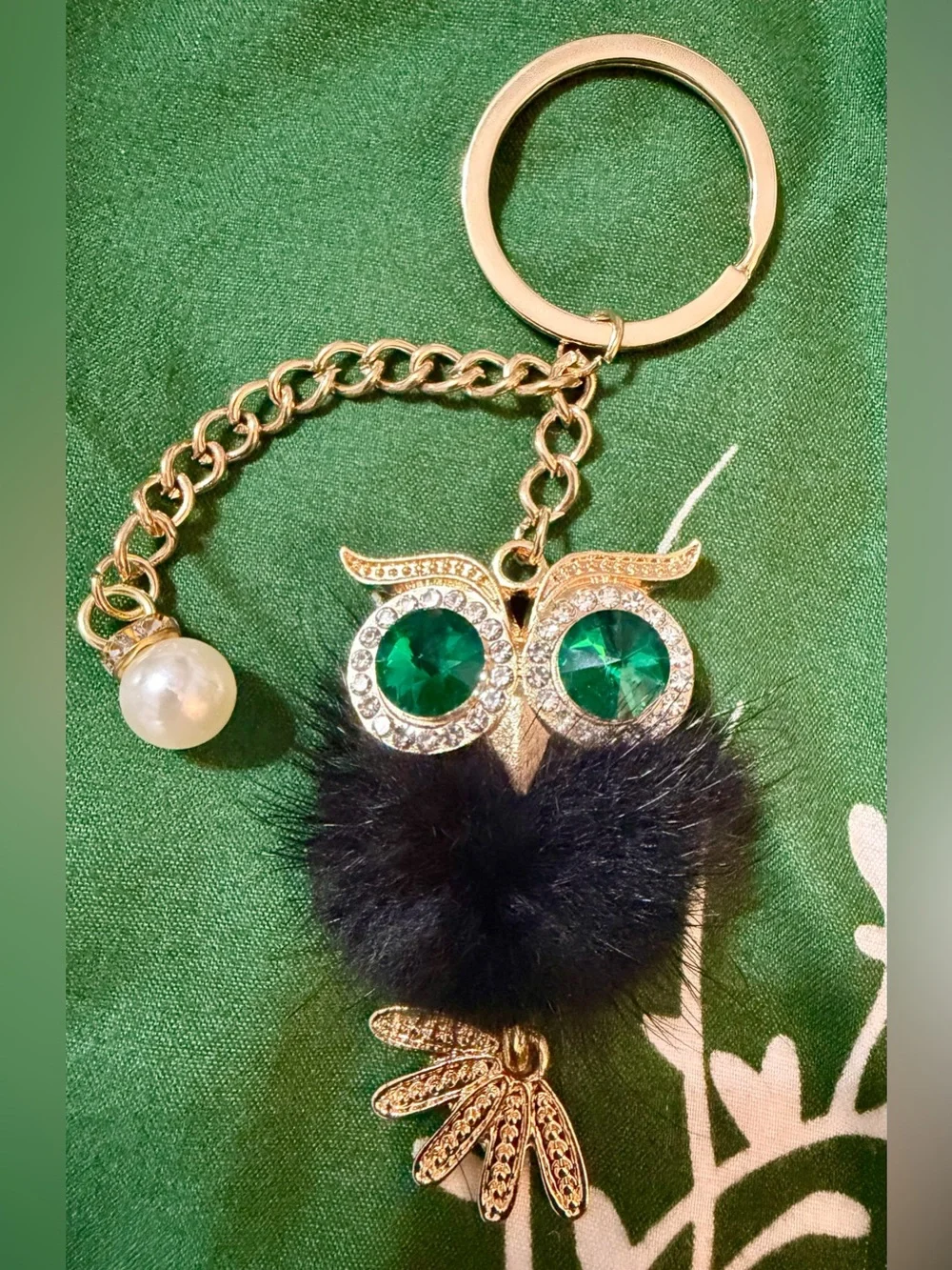 Gold Owl Keychain/Bag Charm with Emerald Eyes and Black Fur Pom